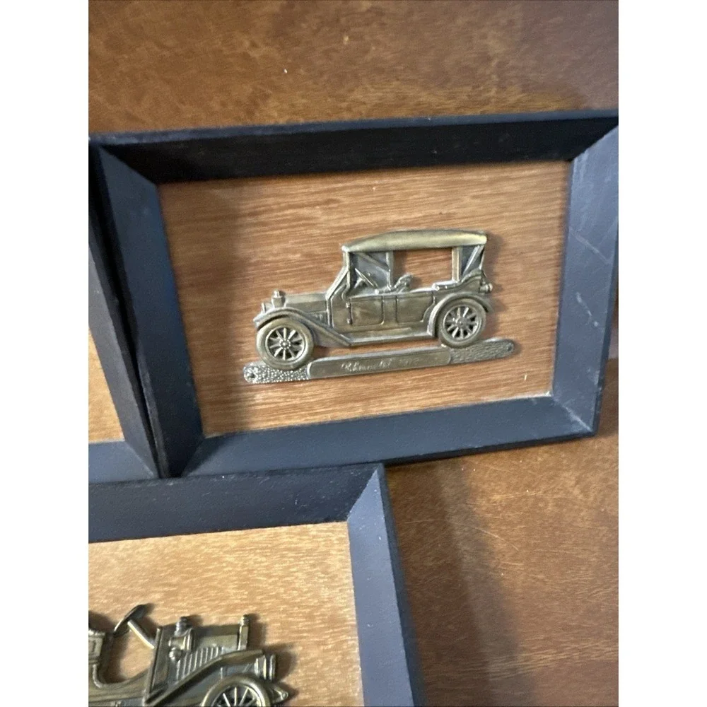 Vintage Brass Antique Cars Mounted on Wood Wall Hangings  Japan 5